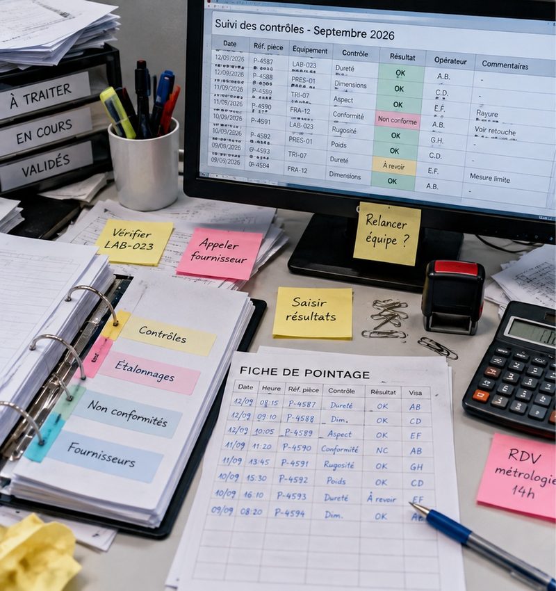 Un bureau couvert de classeurs, de post-it et d'une fiche de pointage papier, devant un tableur