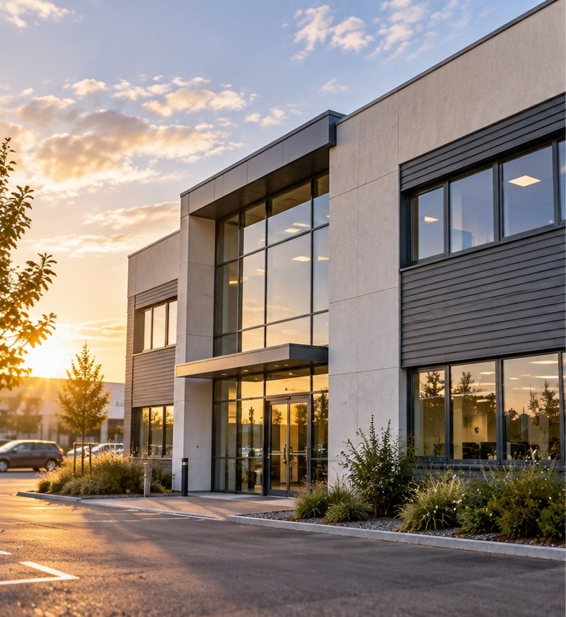 Façade d'un immeuble de bureaux en zone d'activité, en fin de journée