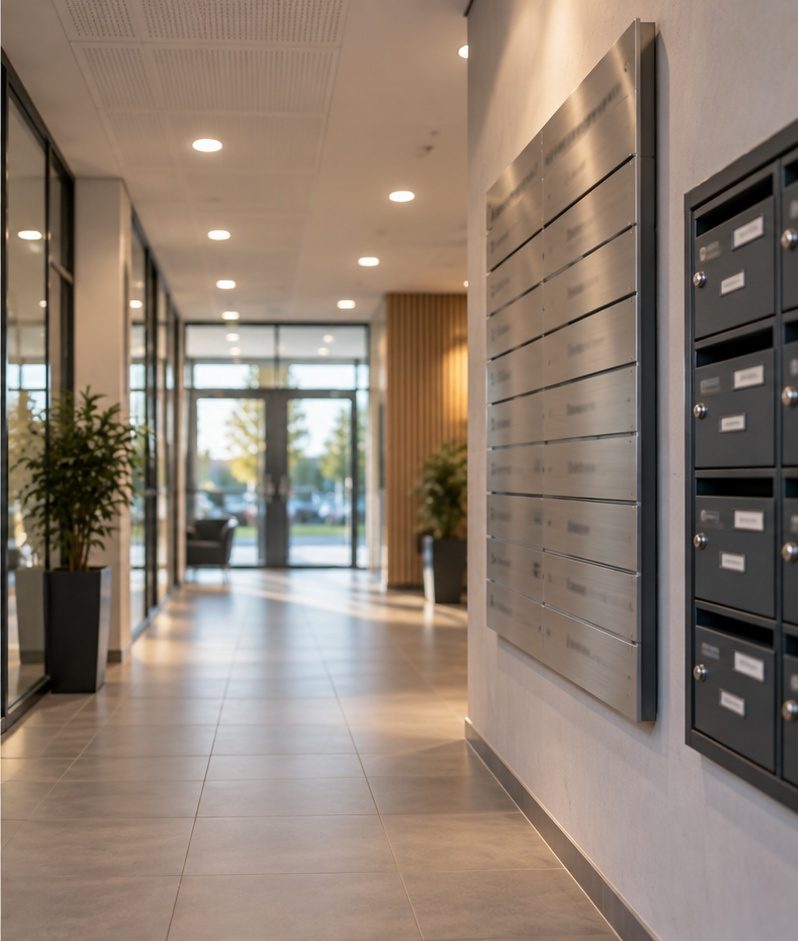 Hall d'un immeuble de bureaux, avec le tableau des sociétés et les boîtes aux lettres