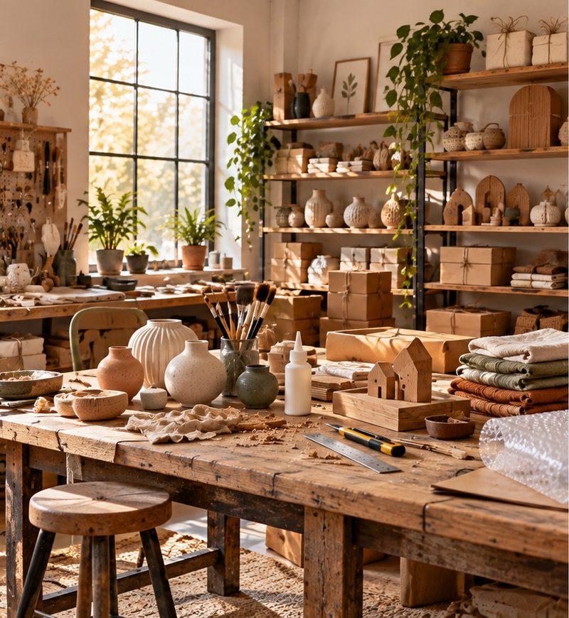 Atelier de fabrication d'objets de décoration : étagères de produits, table de travail, matières