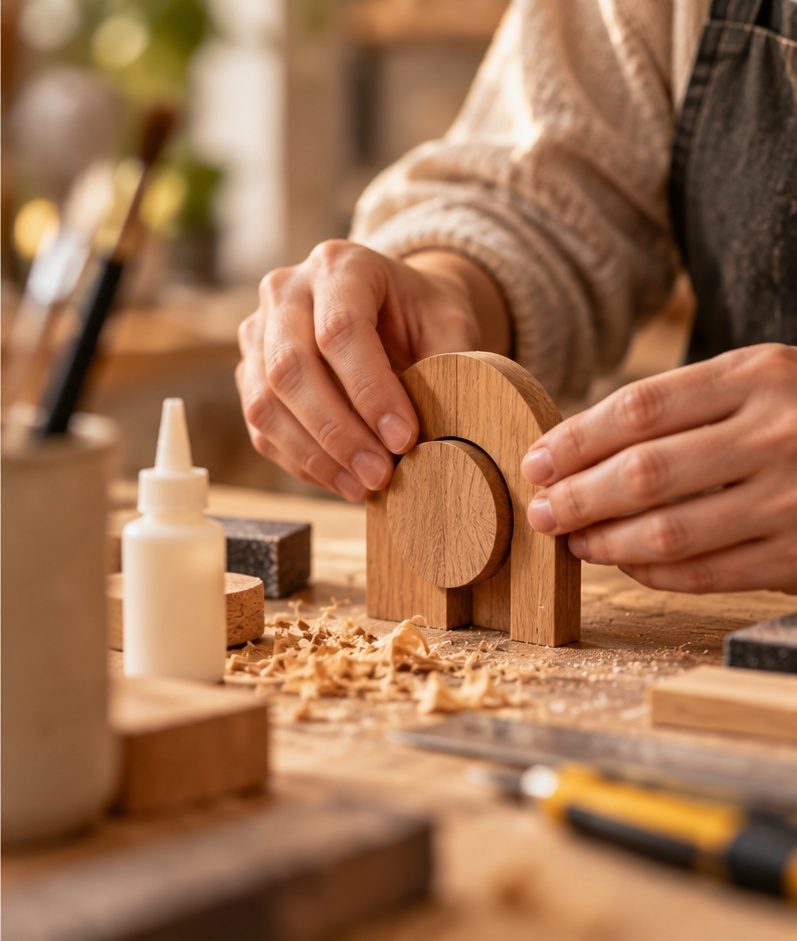 Des mains assemblent un objet de décoration en bois sur un établi