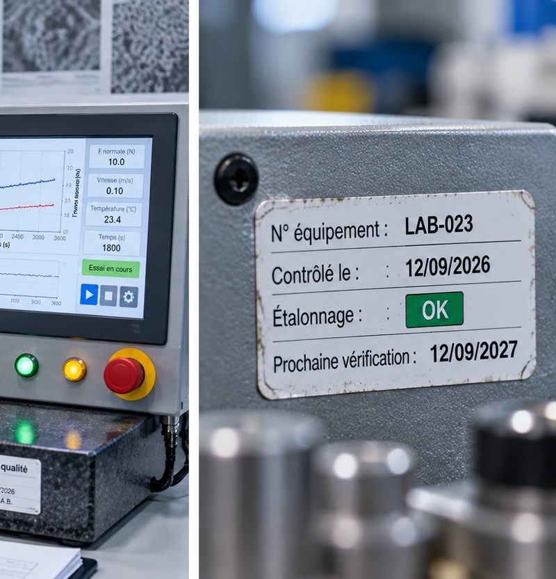 Étiquette de contrôle sur une machine : contrôlé le, étalonnage OK, prochaine vérification