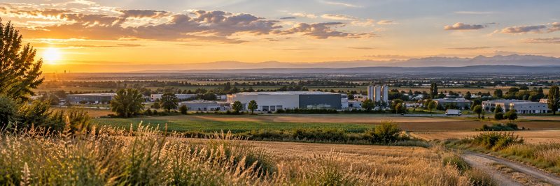 La plaine de l'Est lyonnais au coucher du soleil : champs, zones d'activité et, au loin, les Alpes
