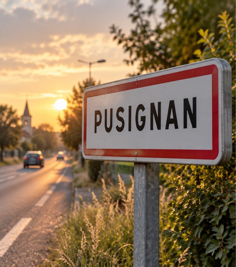 Le panneau d'entrée de Pusignan, en fin de journée